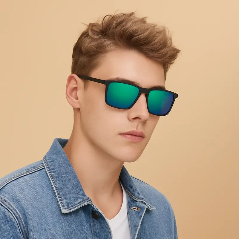 Óculos masculino com clipe magnético azul espelhado e armação leve e moderna