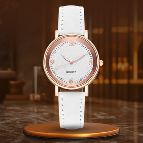Relógio feminino redondo branco com pulseira de couro e mostrador minimalista