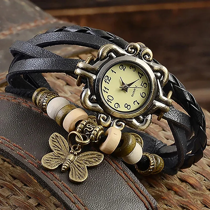 Relógio vintage preto feminino com couro trançado e pingente de borboleta
