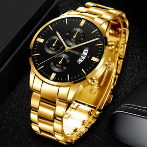 Relógio Mônaco masculino dourado com mostrador preto e pulseira em aço inoxidável