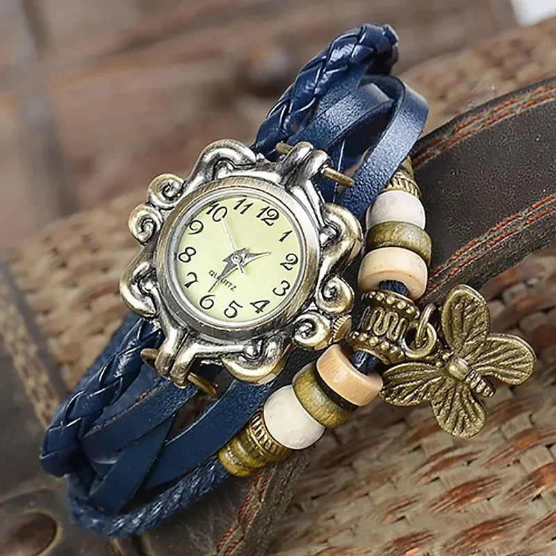 Relógio vintage azul com couro trançado e pingente borboleta feminino