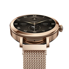 Smartwatch feminino dourado com tela AMOLED e pulseira de aço fino, design elegante e funções de saúde.