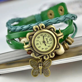 Relógio vintage verde com couro trançado e pingente borboleta feminino