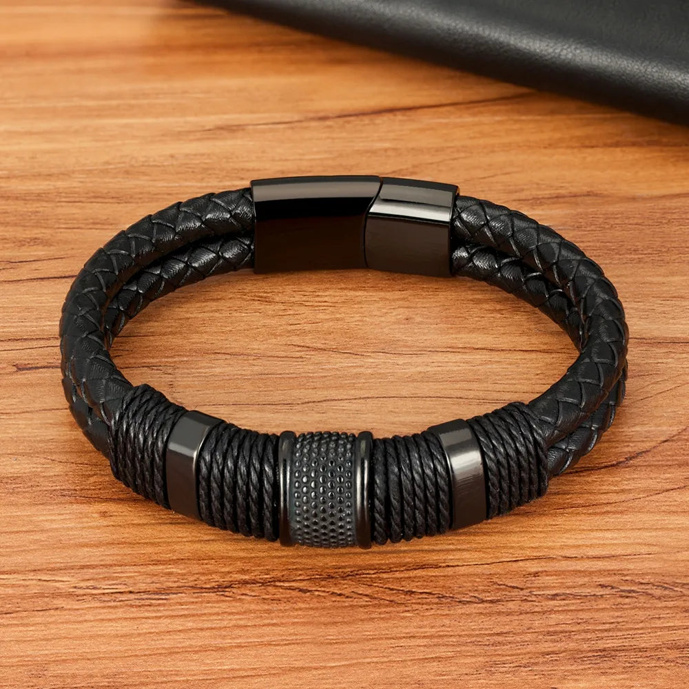 Pulseira masculina couro trançado com detalhe em aço inoxidável preto