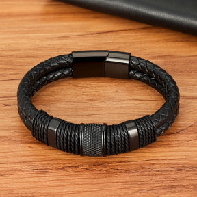 Pulseira masculina couro trançado com detalhe em aço inoxidável preto
