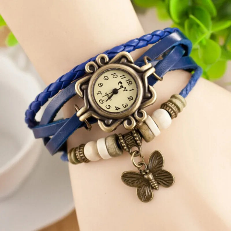 Relógio vintage azul com couro trançado e pingente borboleta feminino