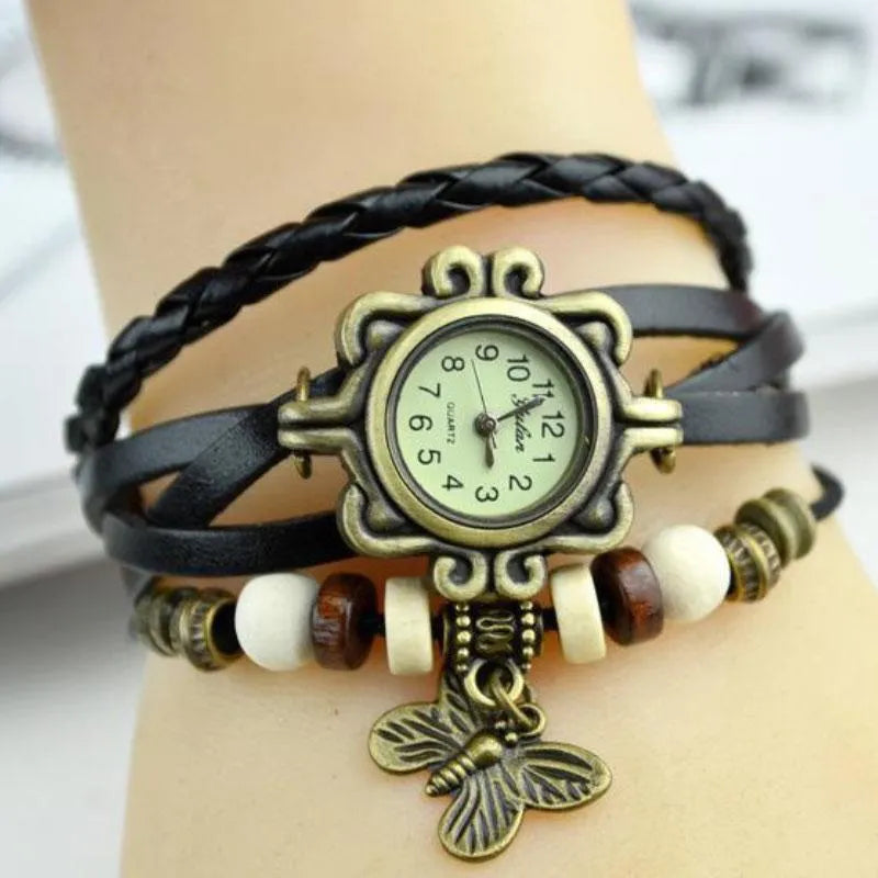 Relógio vintage preto feminino com couro trançado e pingente de borboleta