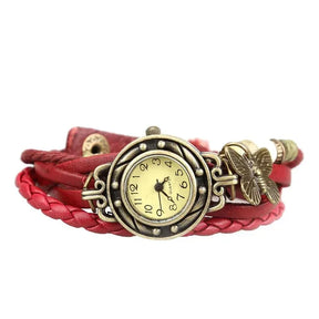 Relógio vintage vermelho com couro trançado e pingente borboleta feminino
