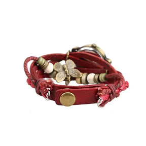 Relógio vintage vermelho com couro trançado e pingente borboleta feminino