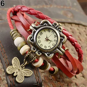 Relógio vintage vermelho com couro trançado e pingente borboleta feminino