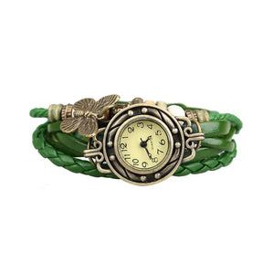 Relógio vintage verde com couro trançado e pingente borboleta feminino