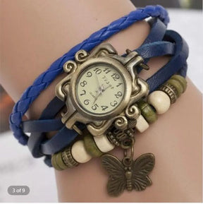 Relógio vintage azul com couro trançado e pingente borboleta feminino