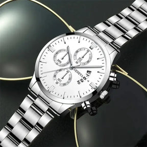 Relógio Mônaco masculino prateado com mostrador branco e pulseira em aço inoxidável