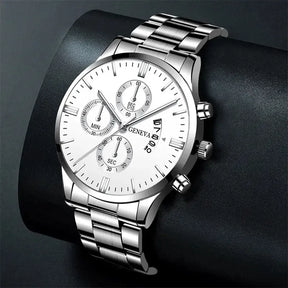 Relógio Mônaco masculino prateado com mostrador branco e pulseira em aço inoxidável