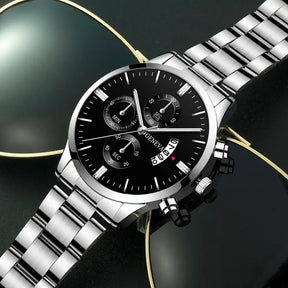 Relógio Mônaco masculino prata com mostrador preto e pulseira em aço inoxidável