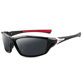 Óculos de sol esportivo polarizado preto com detalhe vermelho e proteção UV