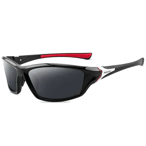 Óculos de sol esportivo polarizado preto com detalhe vermelho e proteção UV