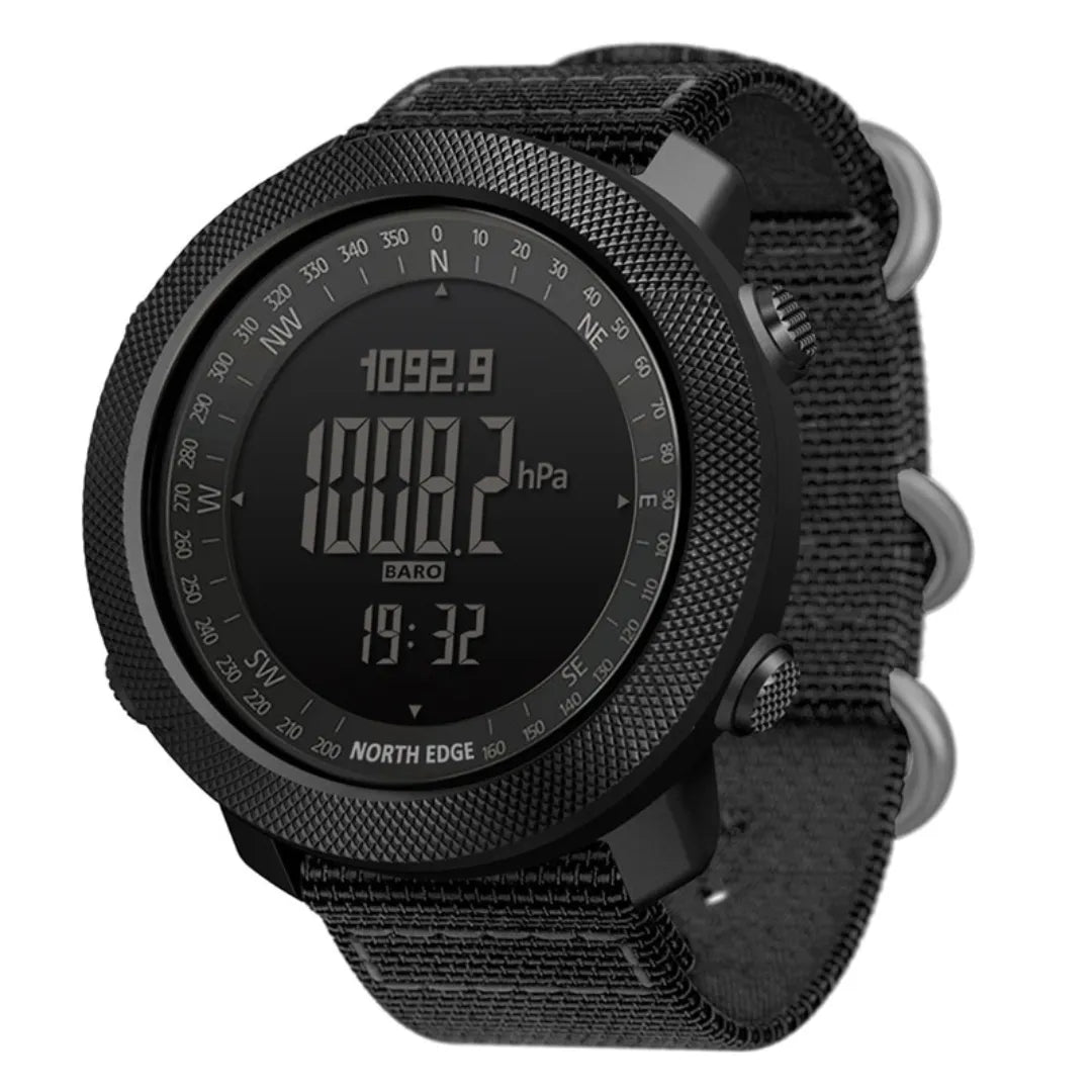 Relógio Militar Army Pro digital preto com bússola, altímetro e pulseira de nylon resistente.