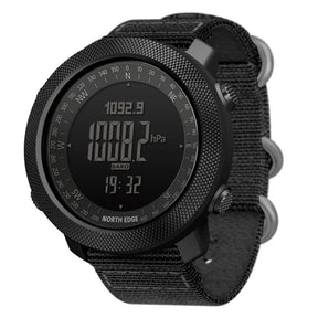 Relógio Militar Army Pro digital preto com bússola, altímetro e pulseira de nylon resistente.