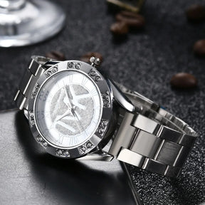 Relógio feminino luxo com cristais, pulseira de aço inoxidável.