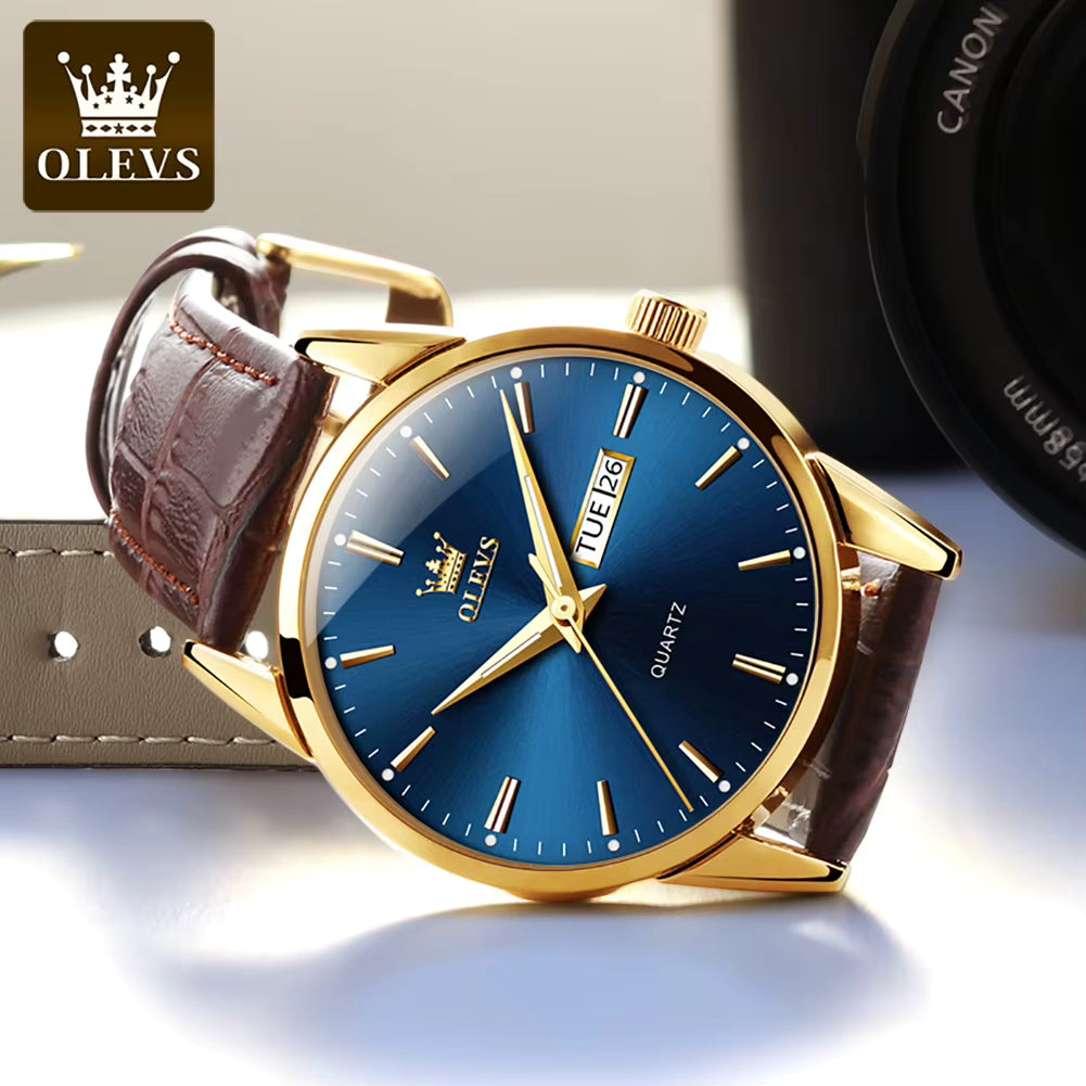 Relógio OLEVS Azul Dourado masculino com pulseira de couro