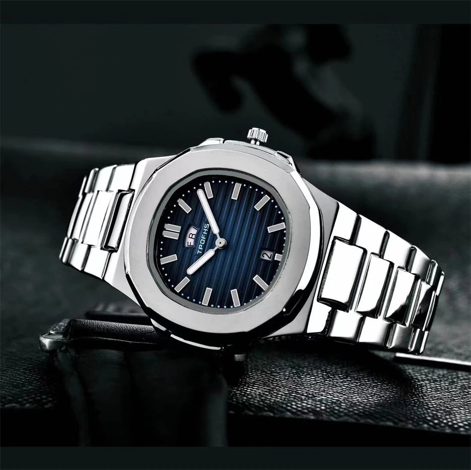 Relógio masculino aço inoxidável com mostrador azul e pulseira prateada.