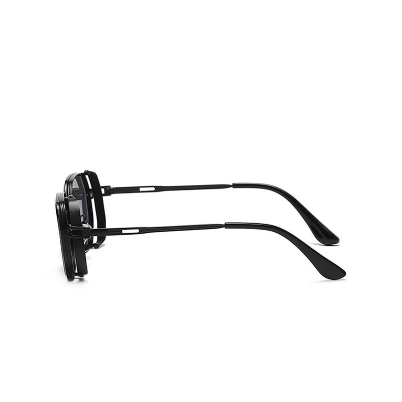Óculos steampunk quadrado preto com armação metálica e lente escura UV400, modelo G02, estilo retrô moderno

