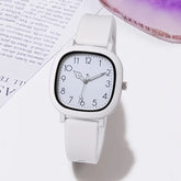 Relógio feminino branco quadrado com pulseira de silicone e mostrador clean