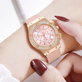 Relógio feminino rosa luxo com cristais e pulseira rosa flor charmosa.