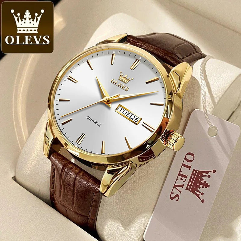 OLEVS-Relógio de pulso de quartzo impermeável clássico masculino, pulseira de couro, calendário, esportes, negócios, marca superior.