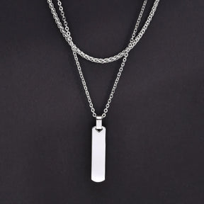 Colar masculino duplo prata em aço inox com corrente cubana e pingente barra geométrica