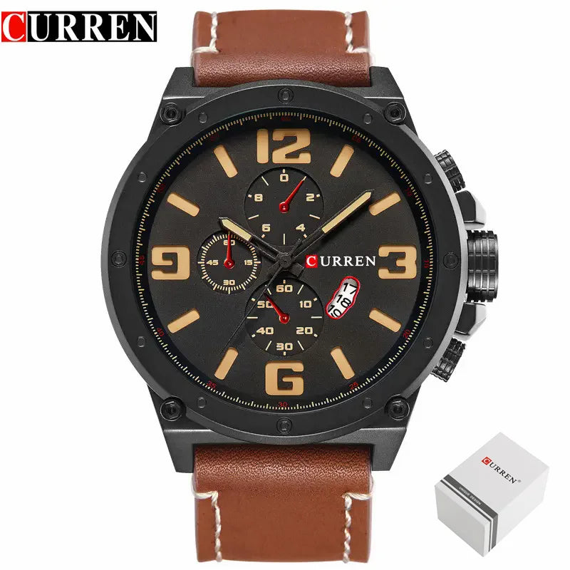 CURREN-Relógio Quartzo Masculino, Moda Exterior para atividades ao ar livre, Marrom, Preto, Pulseira de Couro, Relógio de Pulso, Presente Masculino, Cronógrafo Não Disponível.