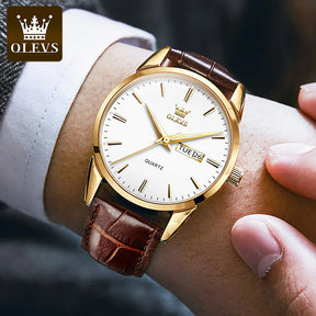 Relógio OLEVS Branco Dourado masculino com pulseira de couro