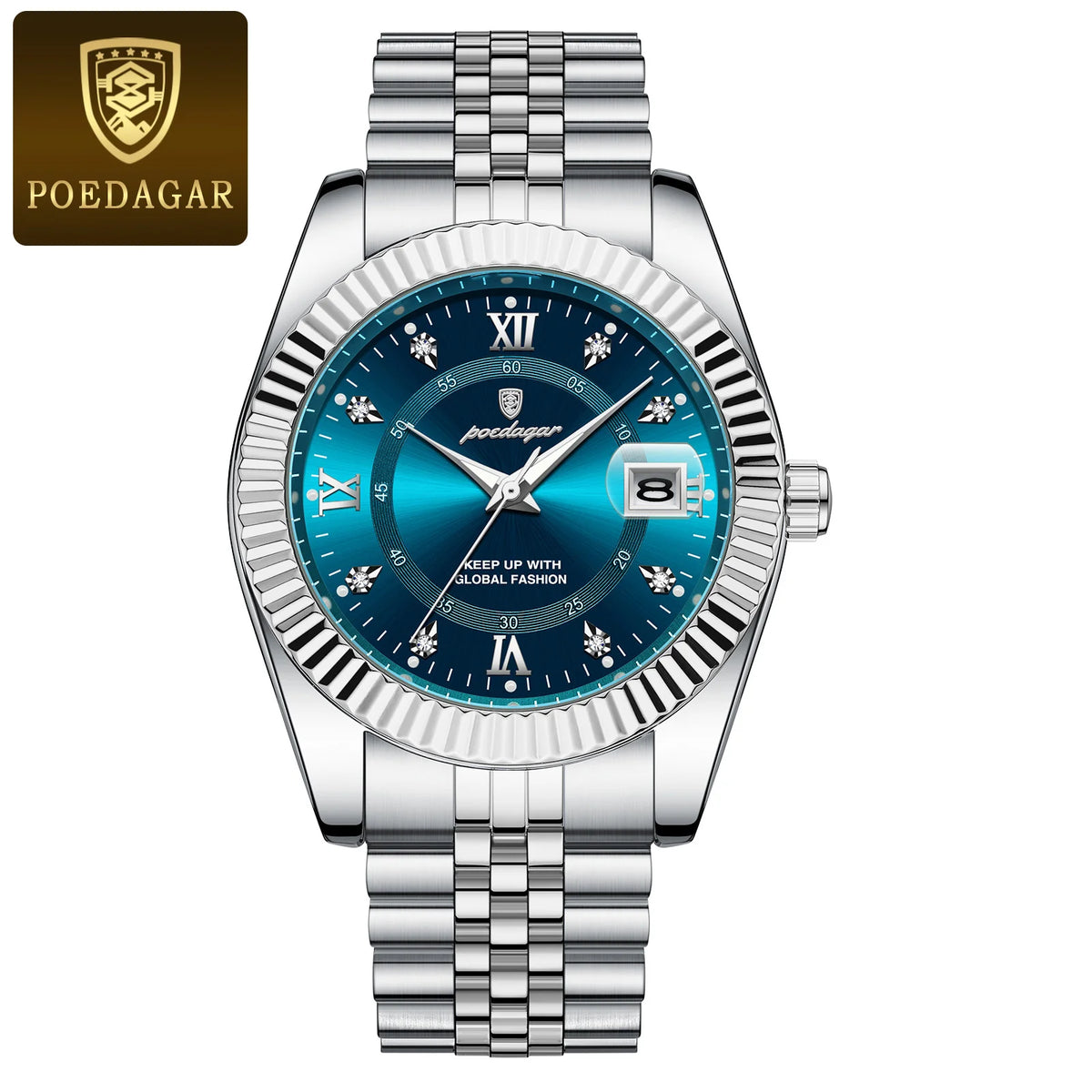 Relógio POEDAGAR prata com mostrador azul e pulseira inoxidável.