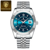 Relógio POEDAGAR prata com mostrador azul e pulseira inoxidável.