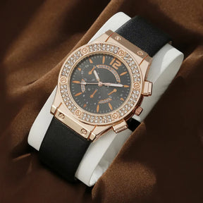 Relógio feminino preto luxo com cristais e pulseira rosa flor elegante.