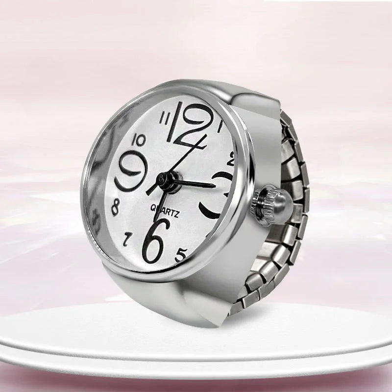 Anel-Relógio Quartzo Branco com mostrador claro e pulseira metálica ajustável