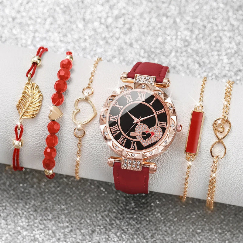 6 Pçs/set Relógio Feminino Moda Roma Coração Dial Pulseira de Couro Relógios de Quartzo Conjunto de Pulseiras de Folha (Sem Caixa)