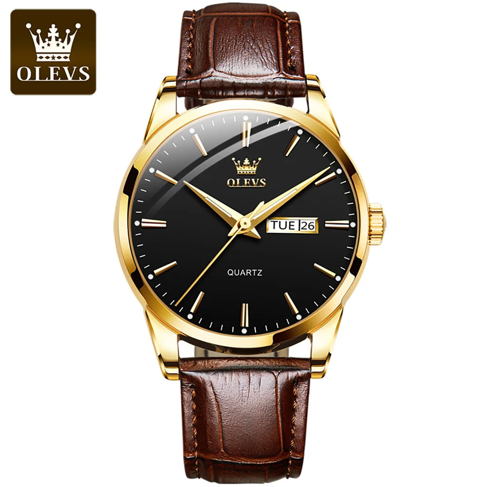 Relógio OLEVS Ouro Preto masculino com pulseira de couro