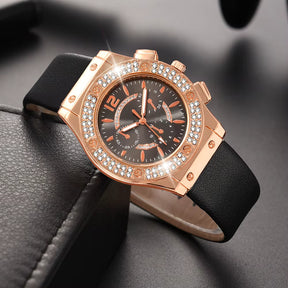 Relógio feminino preto luxo com cristais e pulseira rosa flor elegante.