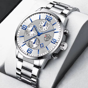 Relógio masculino DEYROS prata com mostrador branco e pulseira em aço inox polido
