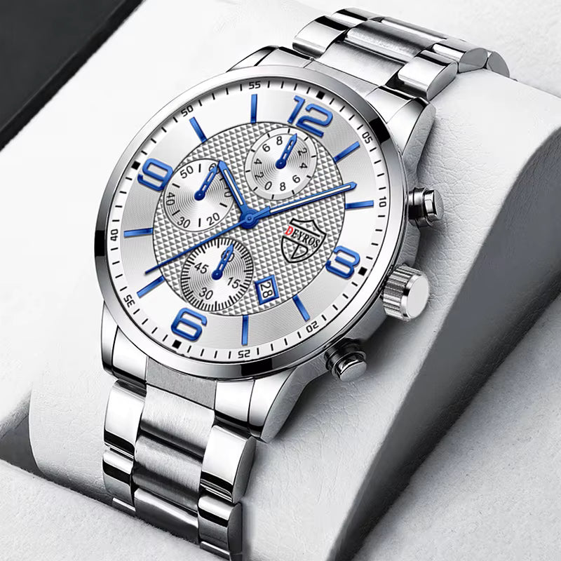Relógio masculino DEYROS prata com mostrador branco e pulseira em aço inox polido