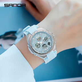 Relógio SANDA branco com mostrador digital e pulseira silicone.