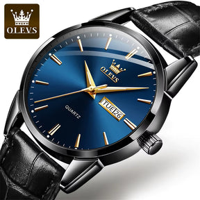 Relógio OLEVS Preto Azul masculino com pulseira de couro