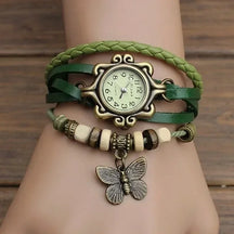 Relógio vintage verde com couro trançado e pingente borboleta feminino