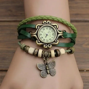 Relógio vintage verde com couro trançado e pingente borboleta feminino