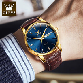 Relógio OLEVS Azul Dourado masculino com pulseira de couro