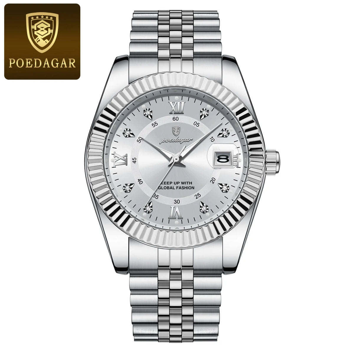 Relógio POEDAGAR prata total com mostrador branco e pulseira inoxidável.