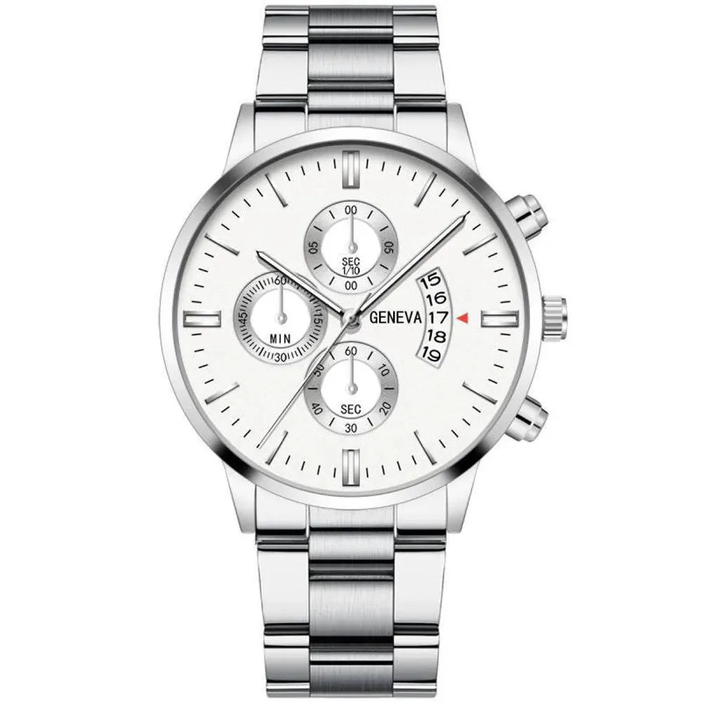 Relógio Mônaco masculino prateado com mostrador branco e pulseira em aço inoxidável