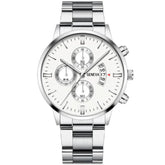 Relógio Mônaco masculino prateado com mostrador branco e pulseira em aço inoxidável